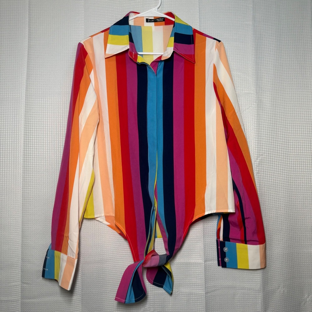 Greathe‎ Tie Front Blouse Medium Multicolor Vertical Stripe Button Down